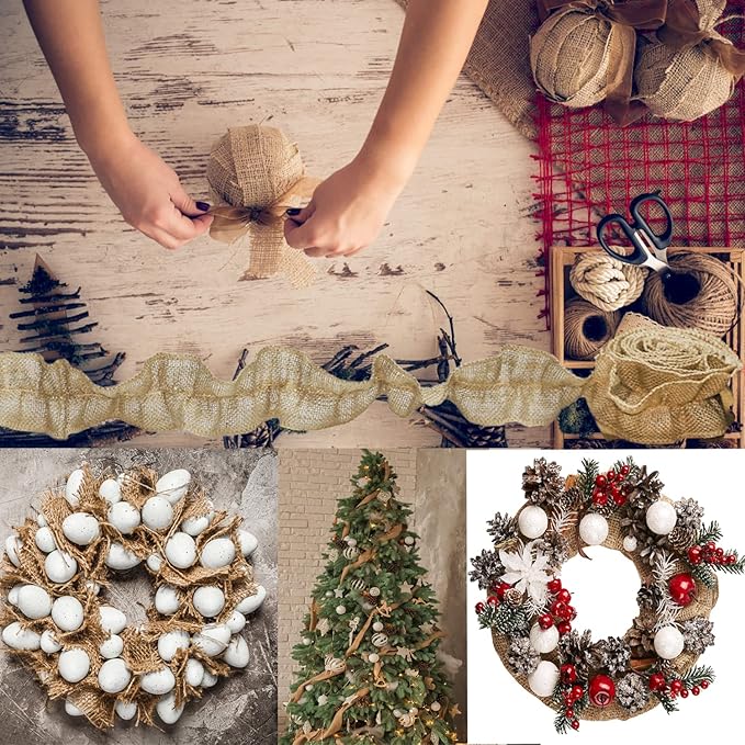 Jishi Burlap Ribbon Garland Christmas Decorations for Tree 9 Ft x 6-Rolls Burlap Bulletin Board Borders for Classroom Decor, Brown Farmhouse Boho Ruffled Trims for Vintage Rustic Home Decor DIY Crafts