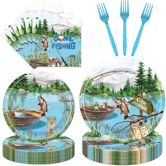 96PCS Gone Fishing Plates and Napkins Party Supplies - Fishing Birthday Party Decorations Fishing Themed Disposable Paper Tableware Set Serves 24 Guests