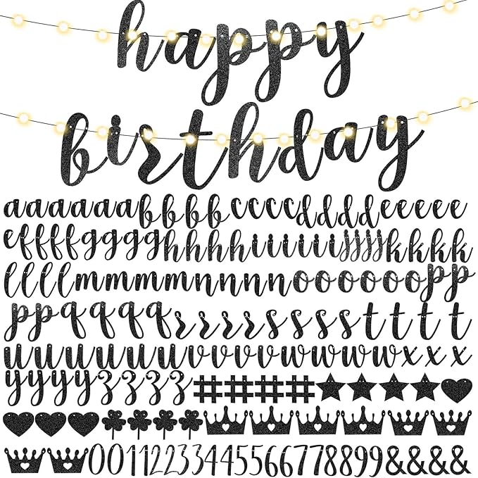 TaoBary 167 Pcs DIY Banner Kit Happy Birthday Glitter Banner Customizable Glitter Make Your Own Kit 162 Letters Symbols and Numbers 3 Rope for Birthday Halloween Wedding Christmas(Black)