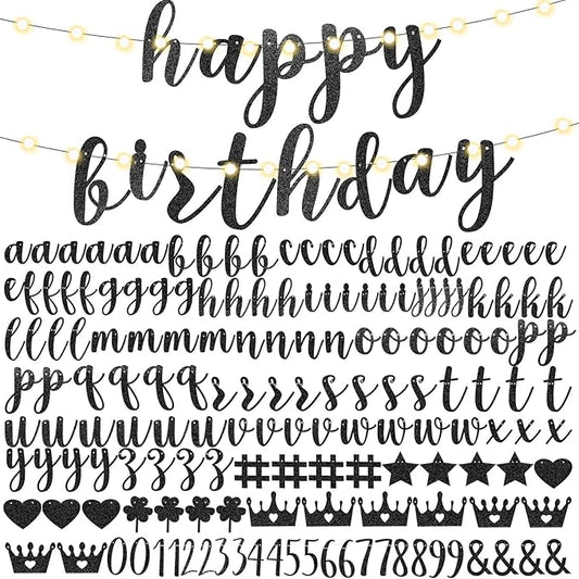 TaoBary 167 Pcs DIY Banner Kit Happy Birthday Glitter Banner Customizable Glitter Make Your Own Kit 162 Letters Symbols and Numbers 3 Rope for Birthday Halloween Wedding Christmas(Black)