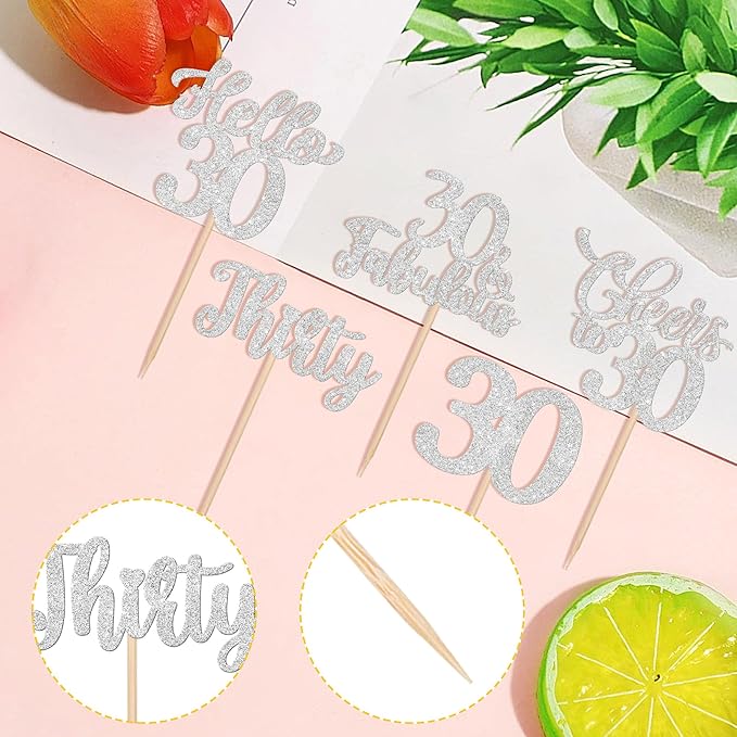 30PCS Happy 30th Birthday Cupcake Toppers Glitter Thirty Cheers to 30 Years Old Birthday Cupcake Picks Hello 30 Fabulous Cake Decorations for Happy 30th Birthday Anniversary Party Supplies Silver