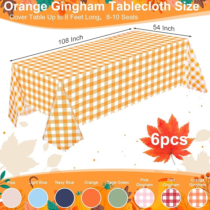 6 Pack Fall Orange Gingham Tablecloth, 54 X 108Inch Plastic Orange Checkered Table Cloth Disposable Scalloped Tablecloths Waterproof Plaid Table Cover for Autumn Harvest Picnic Wedding Birthday Party