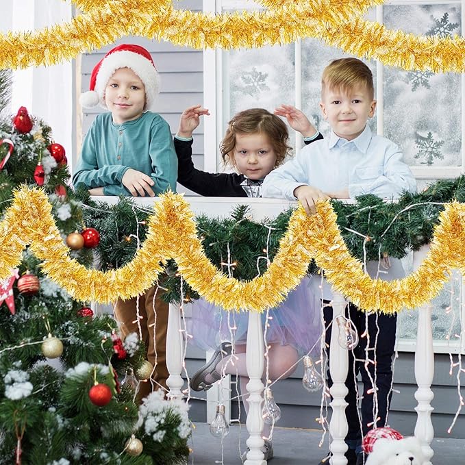 Dilunave 40 Feet Christmas Tinsel Garland Metallic Foil Twist Tinsel Garland Decoration for Christmas Tree, Wedding, Birthday and Party Hanging Decorations(Gold)