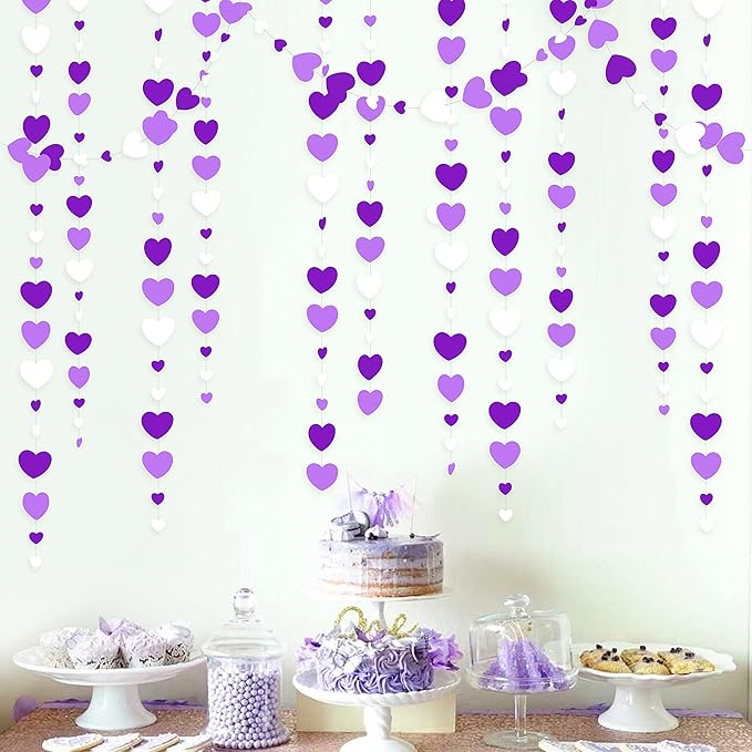 Valentines Day Party Decorations Lavender Love Heart Garland Purple and White Hanging Streamer Banner for Anniversary Mothers Day Birthday Engagement Wedding Bridal Baby Shower Lilac Party Supplies