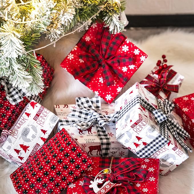 WRAPAHOLIC Christmas Wrapping Paper Set - Reindeer, Snowflake, Plaid Wrapping Paper Bundle with Gift Bow & Ribbon & Tag & Sticker