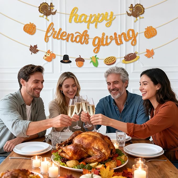 Happy Friendsgiving Banner Thanksgiving Party Decorations Glitter Friends Giving Garland Plastic Pre Strung Streamers Turkey Pumpkin Fall Leaves Sign for Home Decor Thank You Party Supplies