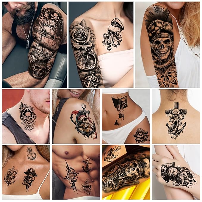 77 Sheets Pirate Skull Temporary Tattoo for Women Men, 17 Sheets Half Arm Large Flower Skeleton Octopus Fake Tattoos, 60 Sheets Anchor Clock Black Tiny for Adult Kids Body Tattoos Stickers Realistic