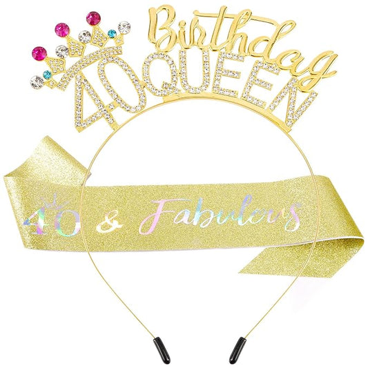 VELSCRUN 40th Birthday Queen Headband, Tiara Crown for Women, 40th Birthday Decorations for Her, Birth Queen Tiaras Crowns Sash for Women Mom Birth Party Decoration Hair Accessories Golden Yellow