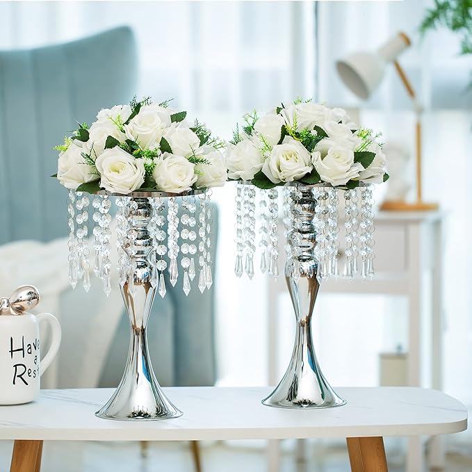 2 Pcs Silver Vases for Centerpieces, 13.8in Crystal Flower Arrangement Stand, Wedding Centerpieces for Tables, Tall Metal Flower Vase Holders for Wedding, Event, Reception, Birthday, Home Decor