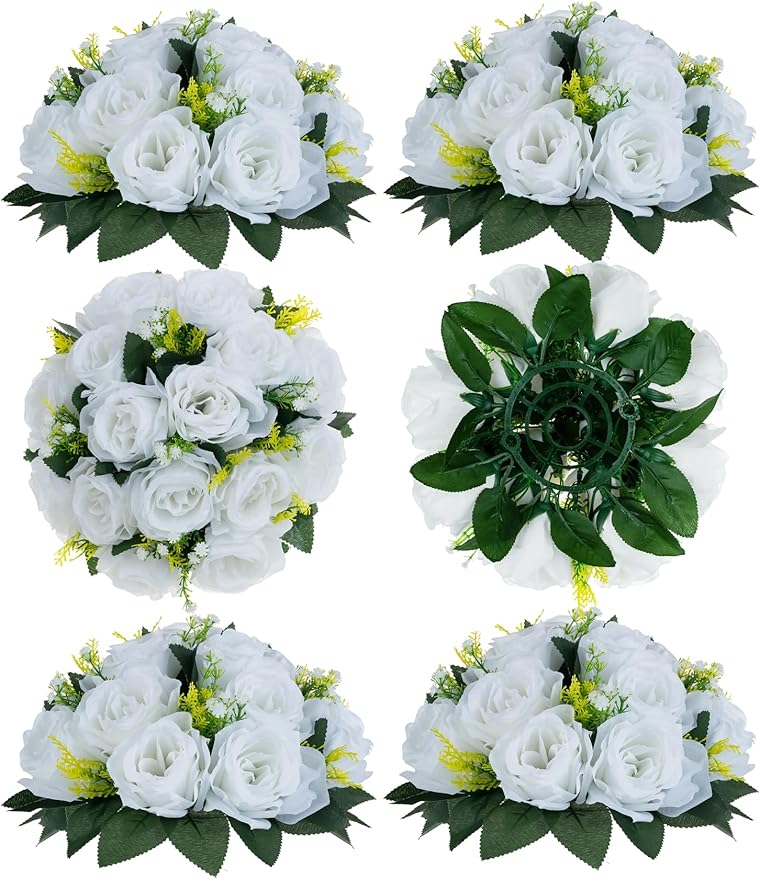 BLOSMON White Fake Flowers Centerpieces: 6 Pcs Artificial Roses Flower Ball for Wedding Dinning Table - Faux Silk Kissing Bouquet Floral Arrangement for Home Party Event Decor