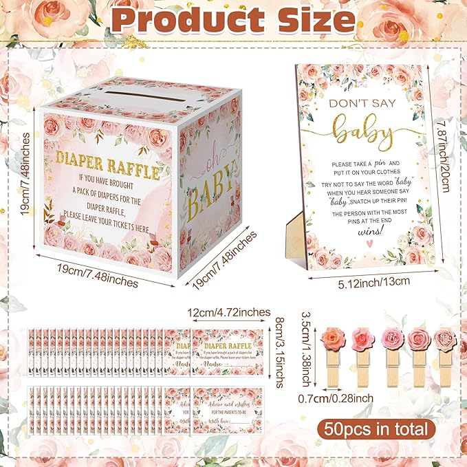102 Pcs Floral Baby Shower Game Supplies Diaper Raffle Tickets with Diaper Raffle Card Box Don't Say Baby Sign Mini Floral Clothespin Game Decor for Gender Reveal Favor