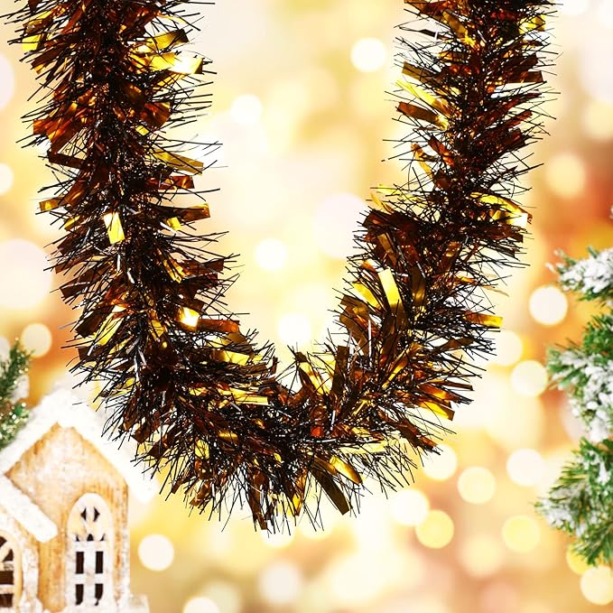 Dilunave 40 Feet Christmas Tinsel Garland Metallic Foil Twist Tinsel Garland Decoration for Christmas Tree, Wedding, Birthday and Party Hanging Decorations(Black, Gold)