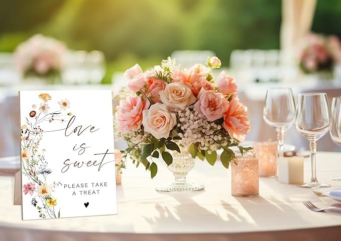 Flower Love Is Sweet Sign for Dessert Table, Dessert Table Decorations, Wedding Decorations for Reception, Bridal Shower Decor, Party Centerpieces, 6X8 Inch Wooden Bridal Shower Signs with Stand, 18