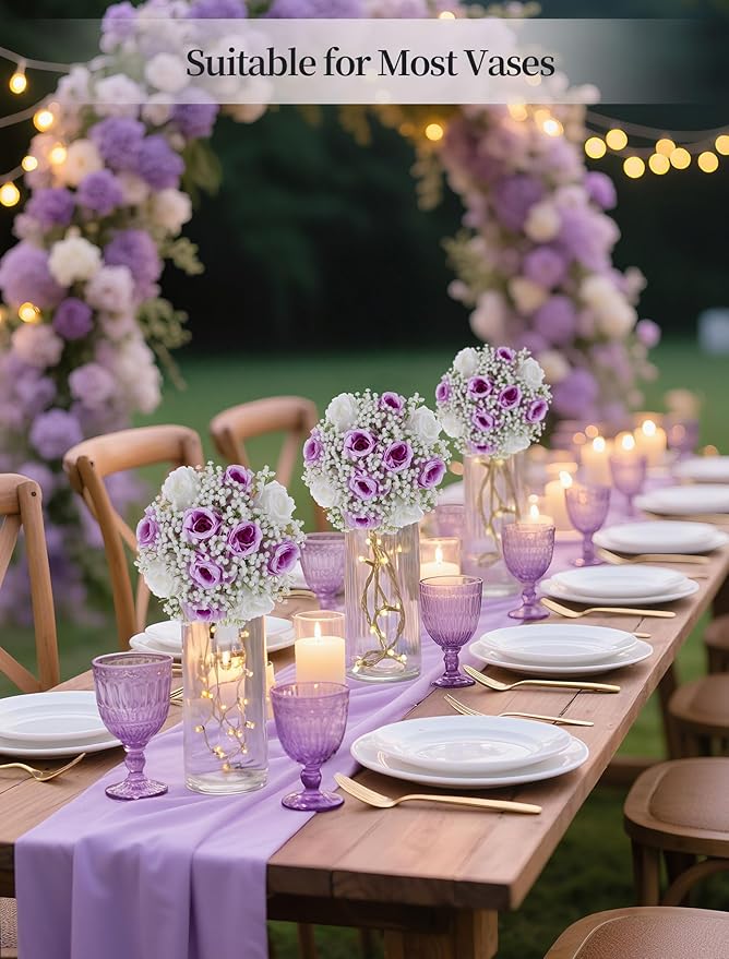 BLOSMON Fake Flowers Ball Centerpieces: 2 Pcs Lilac Rose Babys Breath Artificial Flowers Decoration for Wedding Table - Faux Silk Kissing Floral Bouquet Arrangements for Home Party DIY Decor