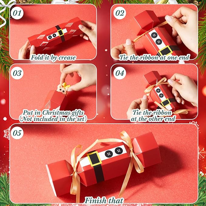 Xinnun 50 Packs Christmas Cracker Kit No Snap Xmas Party Table Favors Snowflake Reindeer DIY Christmas Party Cracker Candy Boxes for Holiday Dinner Decoration Gift(Belt Style)