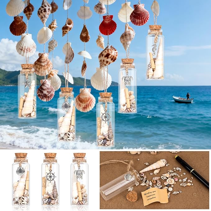 12Pcs Coastal Christmas Ornaments Set -Beach Shells Glass Bottles Keepsake with Mini Scrolls, for Home Christmas Tree Hanging Ornaments, Beachy Coastal Nautical Decor, Wedding Baby Shower Party Favors