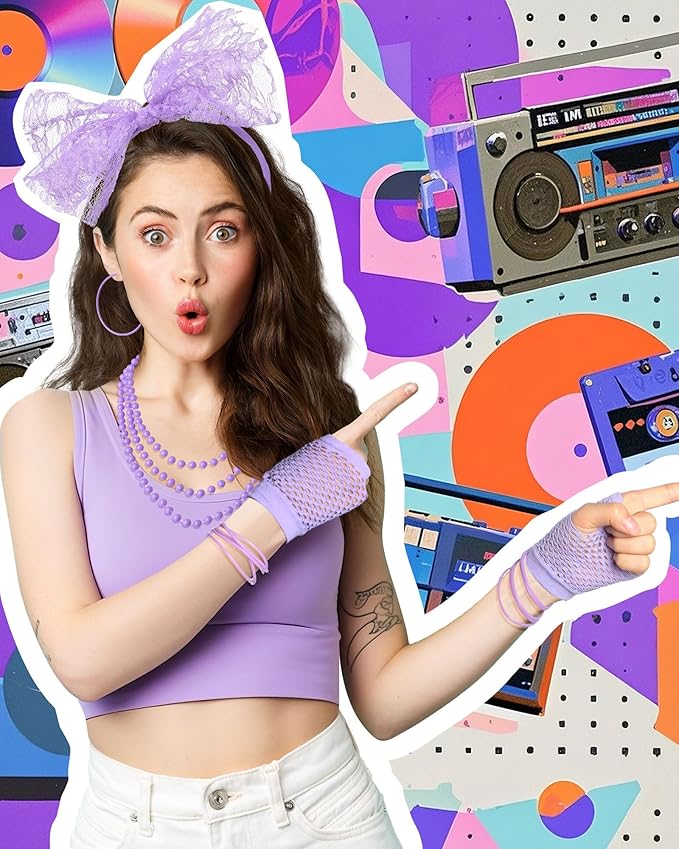 Blulu 80s Costume Accessories for Women Lace Headband Earrings Fishnet Gloves Necklace Bracelet for 80s Retro Party