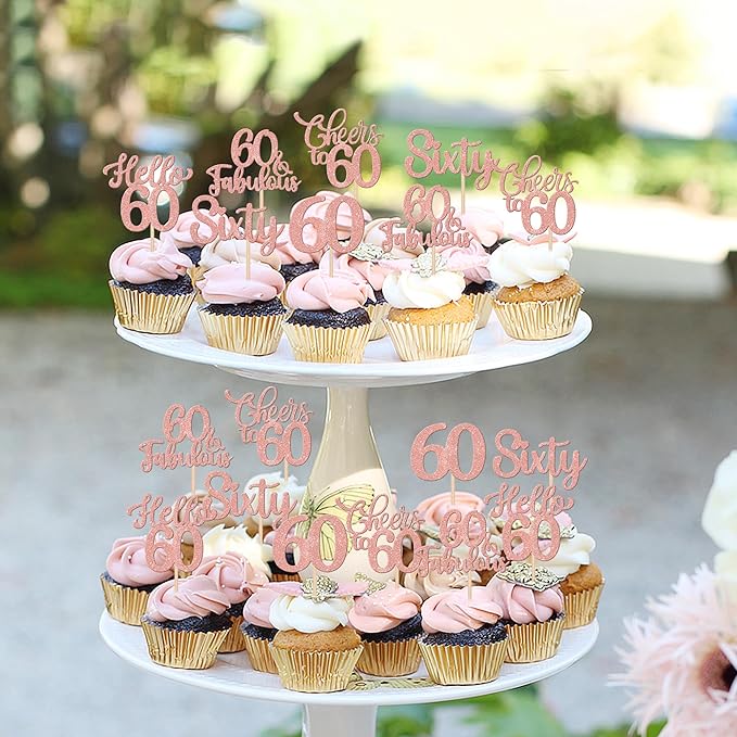 30PCS Happy 60th Birthday Cupcake Toppers Glitter Hello 60 Fabulous Sixty Cheers to 60 Years Old Birthday Cupcake Picks for Happy 60th Birthday Anniversary Party Cake Decorations Supplies Rose Gold