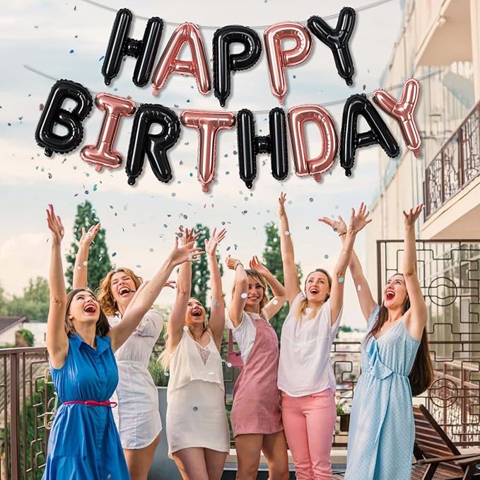 Happy Birthday Balloon Banner Rose Gold, 16 Inch Happy Birthday Foil Black Balloon, Happy Birthday Sign Bunting Banner Self Inflating Letter Balloon for Girls Women Birthday Party Decorations Supplies