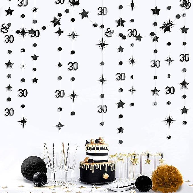 Black 30th Birthday Decorations Number 30 Circle Dot Twinkle Star Garland Metallic Hanging Streamer Bunting Banner Backdrop for Mens Womens Happy Dirty 30 Year Old Thirty Anniversary Party Supplies