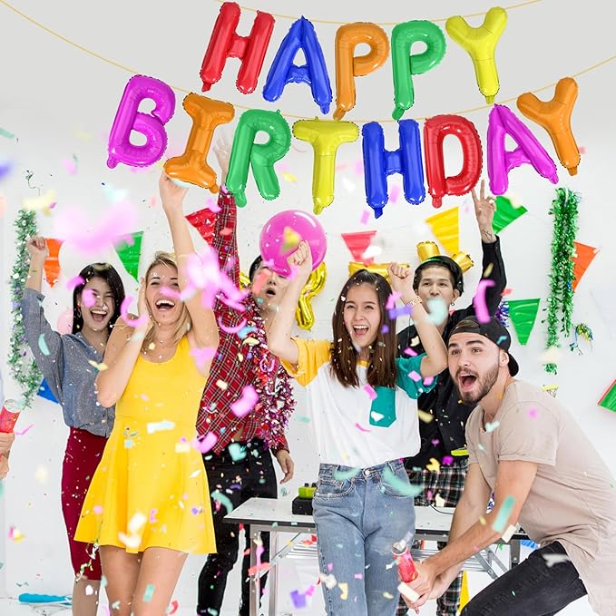 LIOZEOKUN Happy Birthday Balloon Letters 16 inch Mylar Foil Birthday Balloons Banner Sign for Birthday Party Decorations Supplies (Color)