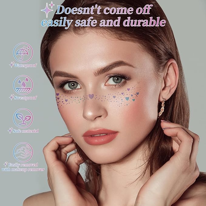 16 Pcs Glitter Freckles Face Tattoo, Holographic Sparkle Makeup Patches, Glitter Speckles Temporary Tattoos for Women, Kids, Concert, Festival, Carnival Party, Rave Accessories(10 Sheet)