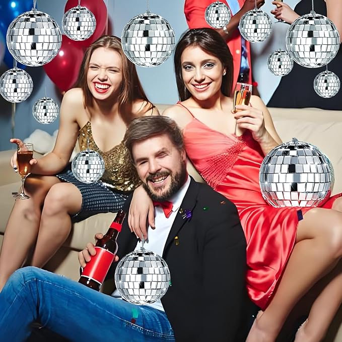 46 PCS Disco Mirror Ball Reflective Mini Glass Hanging Decorations Assorted Silver 6 Inches Large Disco Ball for Wedding Dance Music Ballroom Hall Props Club Stage Backdrop Props (6 inch)