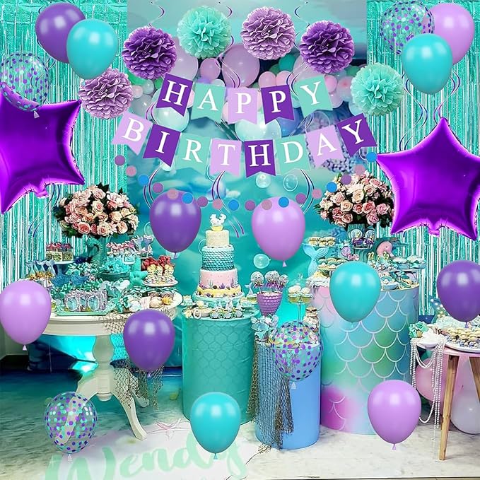 Mermaid Birthday Decorations Purple Teal Blue Party Balloons Happy Birthday Banner Dots Garland Purple Turquoise Green Fringe Curtain Pompom Swirls for Girl Women Baby Shower Party Decoration