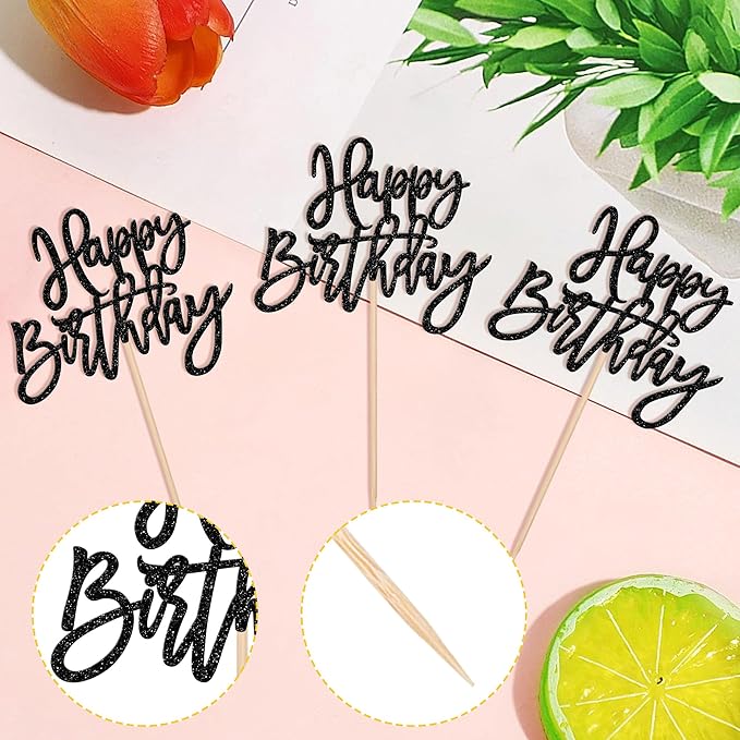 24 PCS Glitter Cupcake Toppers - Happy Birthday & Anniversary Cake Decorations - Black