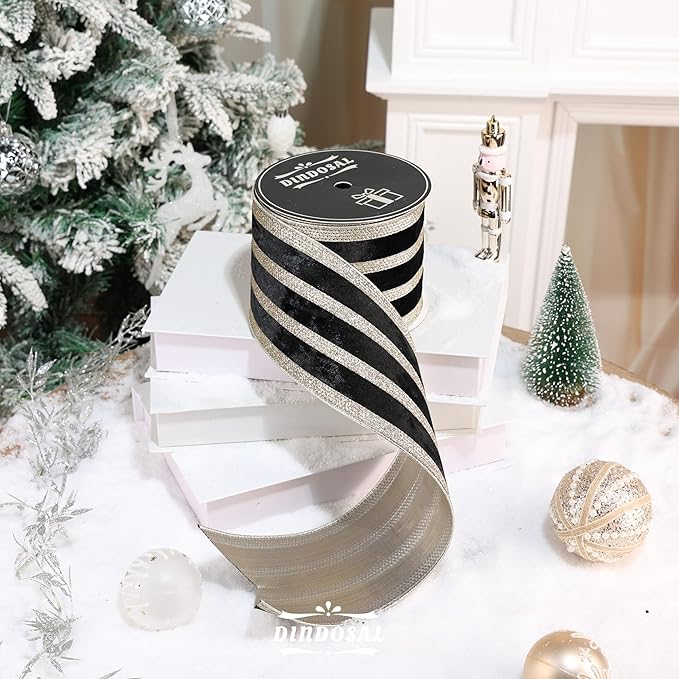 Black Velvet Wired Ribbon with Champagne Glitter Stripe 4 Inch Extra Wide Crushed Velvet Christmas Ribbon, 10 Yards for Gift Wrapping, Crafts, Tree Decorations, Wreath Supplies, Garlands