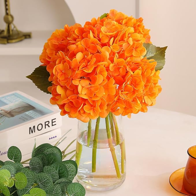 Tifuly Fake Hydrangea Artificial Flowers with Vase 4pcs Real Touch Faux Hydrangea and 3pcs Eucalyptus Stems for Wedding Centerpiece Home Party Table Decoration（Orange）