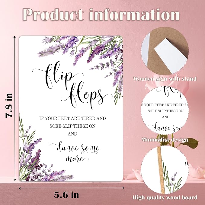 Wedding Flip Flops Sign, Lavender Bridal Shower Decorations, Engagement Party Decor, Centerpieces for Tables, Purple Floral Wooden Sign with Stand for Wedding Reception And Bridal Party Decor, 32