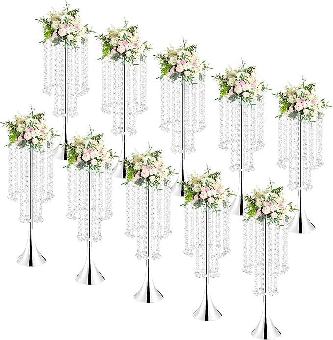 10pcs Silver Vases Wedding Centerpieces, 21.9'' Tall Crystal Metal Vase Wedding Road Lead Flower Holders, Metal Crystal Centerpiece Table Decorations, Crystal Flower Stand for Wedding(Silver)