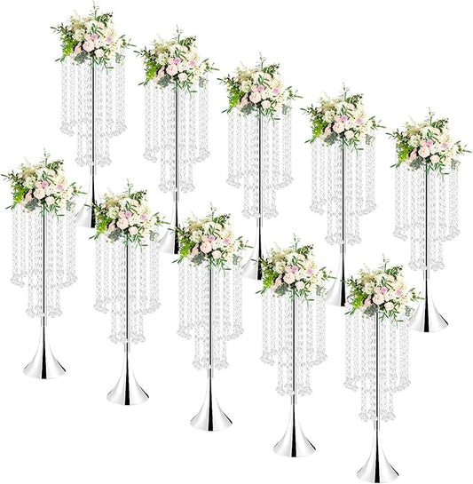 10pcs Silver Vases Wedding Centerpieces, 21.9'' Tall Crystal Metal Vase Wedding Road Lead Flower Holders, Metal Crystal Centerpiece Table Decorations, Crystal Flower Stand for Wedding(Silver)