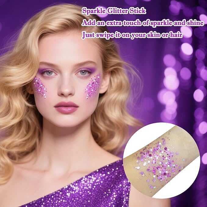 MEICOLY Light Purple Hair Glitter Stick for Kids,Halloween Face Glitter Stick Spirit Week Wear,Women Costume Sparkle Chunky Glitter Makeup,Waterproof Body Glitter for Party Rave Festival