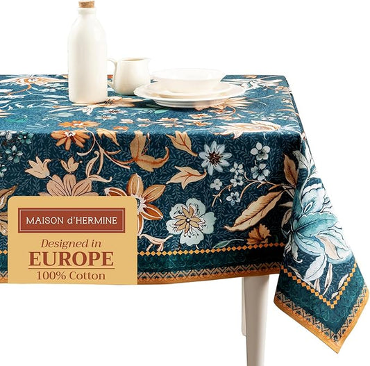 Maison d' Hermine Table Cloth Square Table 100% Cotton 60 x 60 Inches Fall Tablecloth Reusable Everyday Use for Thanksgiving Christmas Decorations Dining Farmhouse Party (Luxury Loft - Dark Teal)