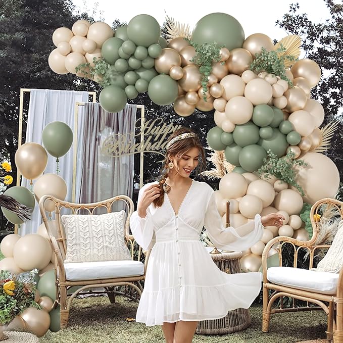 130Pcs Sage Green Balloon Garland Arch Kit with Sage Green Sand White Gold Balloons for Baby Shower Bridal Shower Birthday Engagement Birthday Party Decorations