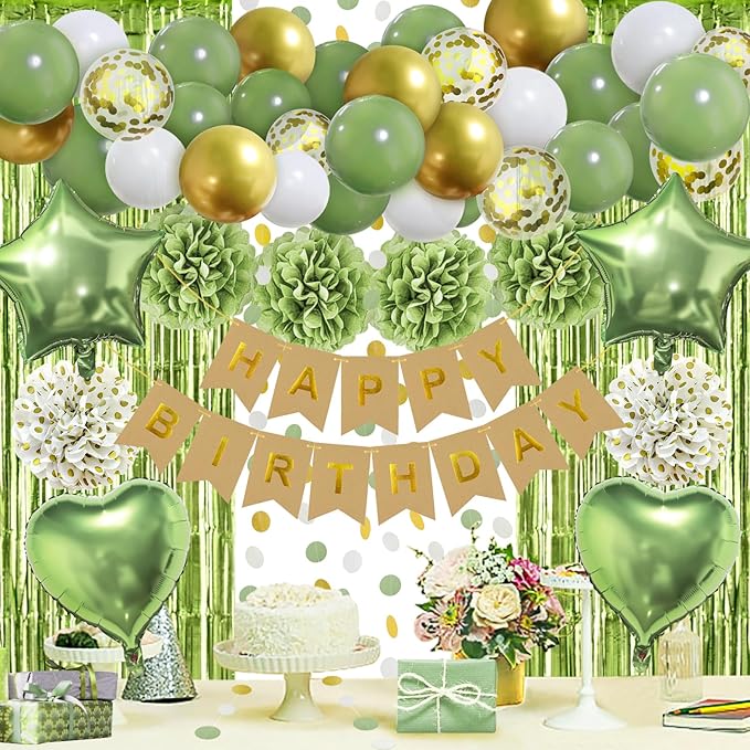 ZERODECO Sage Green Birthday Party Decorations, Olive Green Gold Pompoms Balloons Happy Birthday Banner Neutral Rustic Boho Blush Safari Botanical Greenery Décor for Baby Girls Women Party