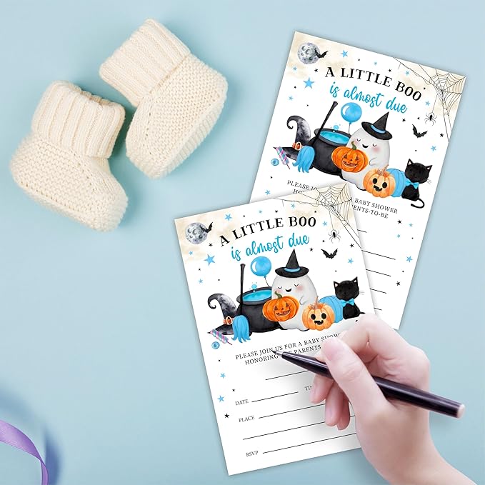 25 Halloween Baby Shower Invitation Cards, A Little Boo Is Almost Due, Adorable Halloween Elements Invites With Envelopes, Gender Reveal, Baby Announcement Party Favor & Supplies (Blue A09)