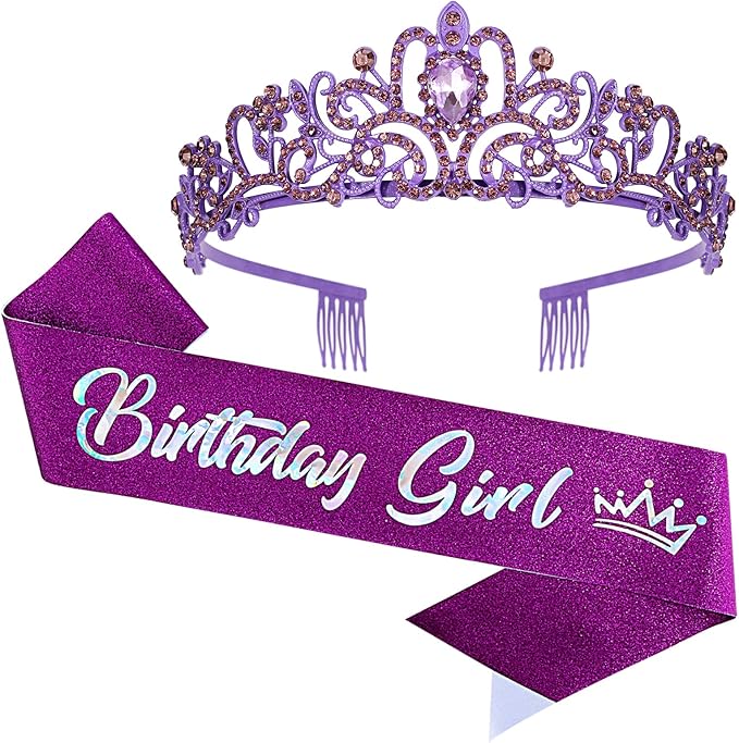 VELSCRUN Birthday Tiara & Crown Set - Princess Sash, Happy Birthday Girl Tiara, Party Decorations & Gifts
