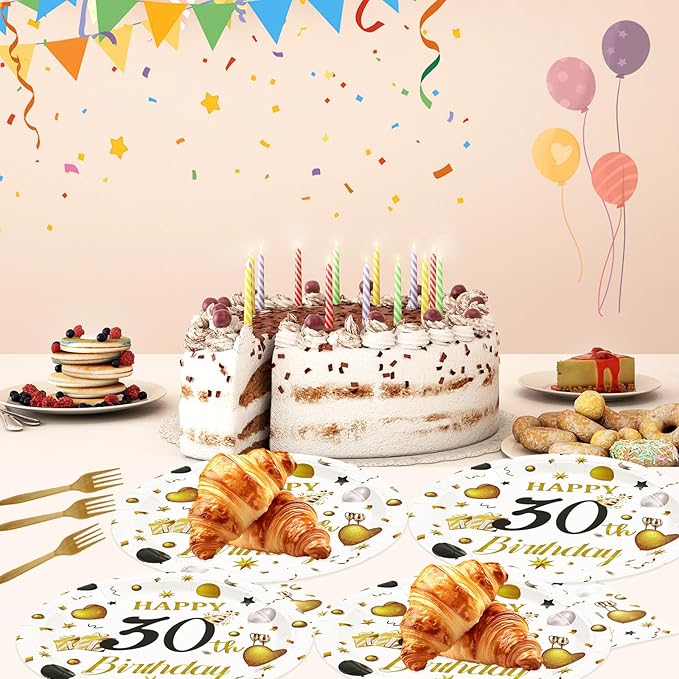 75PCS 30th Birthday Plates and Napkins Party Decorations, 7 Inch White and Gold Happy 30th Birthday Paper Dessert Cake Plates and Napkins Set Disposable Tableware Party Favors for Women Men