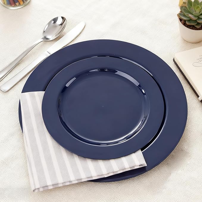 MENDENG 50PCS Blue Plastic Plates for Party, 25x10.25 Dinner Plates & 25x7.5 Dessert Plates, Heavy Duty Disposable Plastic Plates for Wedding Party Hanukkah