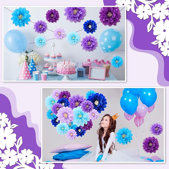 Geyee 18 Pcs Mexican Paper Flowers Colorful Fiesta Tissue Paper Flowers Pom Poms Mexican Carnival for Floral Party Backdrop Wedding Birthday Party Craft, 6" 8" 10"(Blue Purple Series)