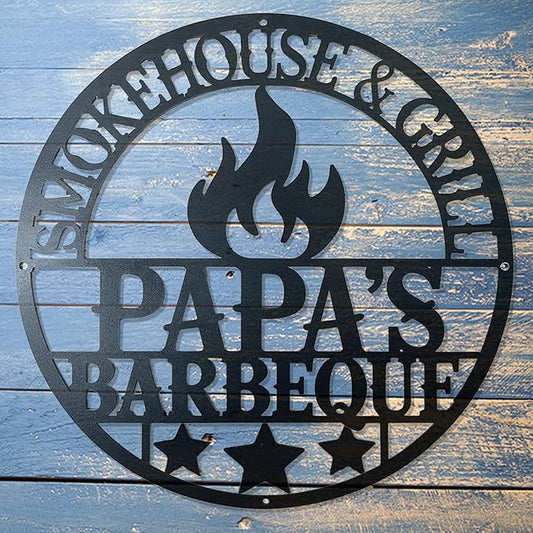 Custom BBQ Metal Sign - Personalized Grill Name Hanging Decor - Outdoor Kitchen Bar Accessories - Housewarming, Birthday Gift for Dad, Grandpa, Husband