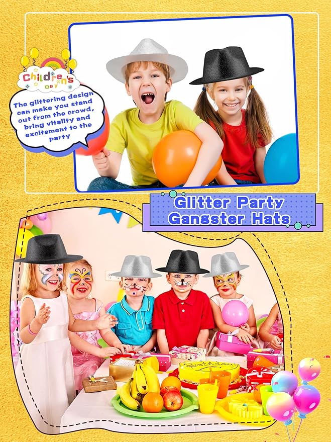 28 Pack Plastic Party Hats Bulk Glitter Party Hat Fedora Party Hat Gangster Hat for Adult Kids Costume Accessory