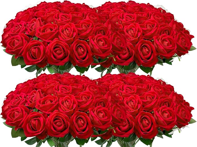 Wondrus Bulk Artificial Flowers 100 PCS, Fake Velvet Silk Red Roses with Long Stems Realistic Bouquet for Wedding Centerpieces, Faux Arrangement for Home Table Decor