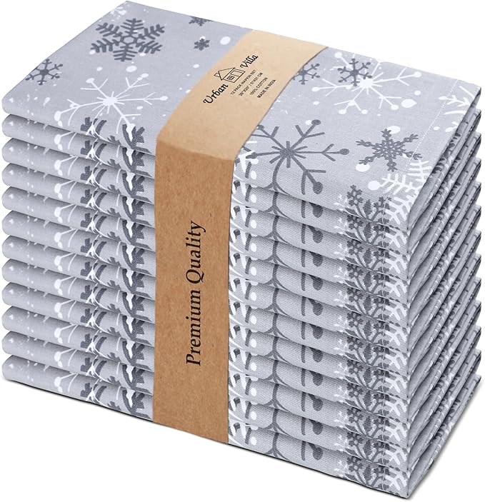 Urban Villa Christmas Dinner Napkins Grey Snowflake Print Cloth Napkins Set of 12 Size 20x20 Inches 100% Cotton Dinner Napkins for Christmas Celebrations Wedding Parties Everyday use Soft Quality