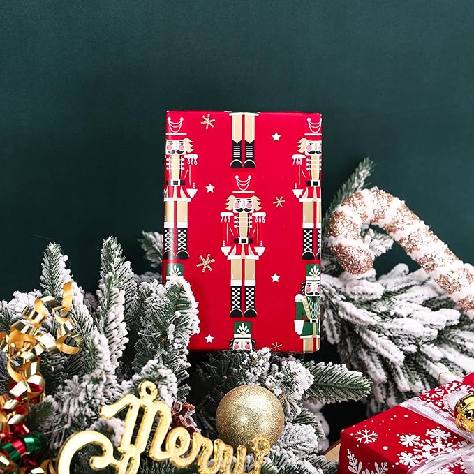 WRAPAHOLIC 30 Inch Jumbo Reversible Nutcracker Christmas Wrapping Paper - 30 Inch x 33 Feet - Red Nutcracker and Snowflake Wrapping Paper for Christmas, Holiday, Party
