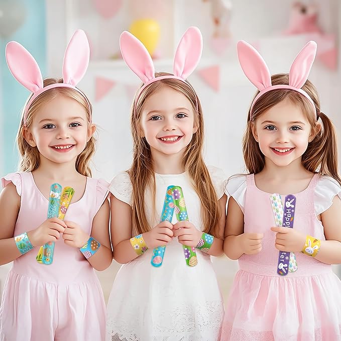 Childom 36 Pcs Easter Slap Bracelet,Easter Bunny Decorations Gifts Bracelet Decorations,Bracelets Present for Holiday Goodie Bag Stuffers,Bracelets Bulk for Birthday School Classroom Prizes Outdoor