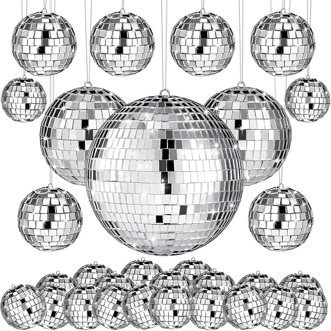 54 Pcs Disco Ball Hanging Decor - Mini Silver Mirror Ball Cake Topper for 74s Themed Party, Wedding, Christmas Supplies